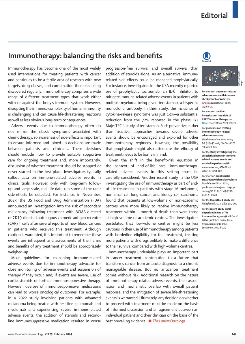 AshleyVDiMarco's tweet photo. 💊 An interesting editorial on balancing the risks and benefits of immunotherapy…

🧐 Takeaway: When you alter the normal function of the immune system to fight cancer, life-threatening adverse reactions can occur, so the risks may outweigh the benefits. https://t.co/36nH8jKLQv