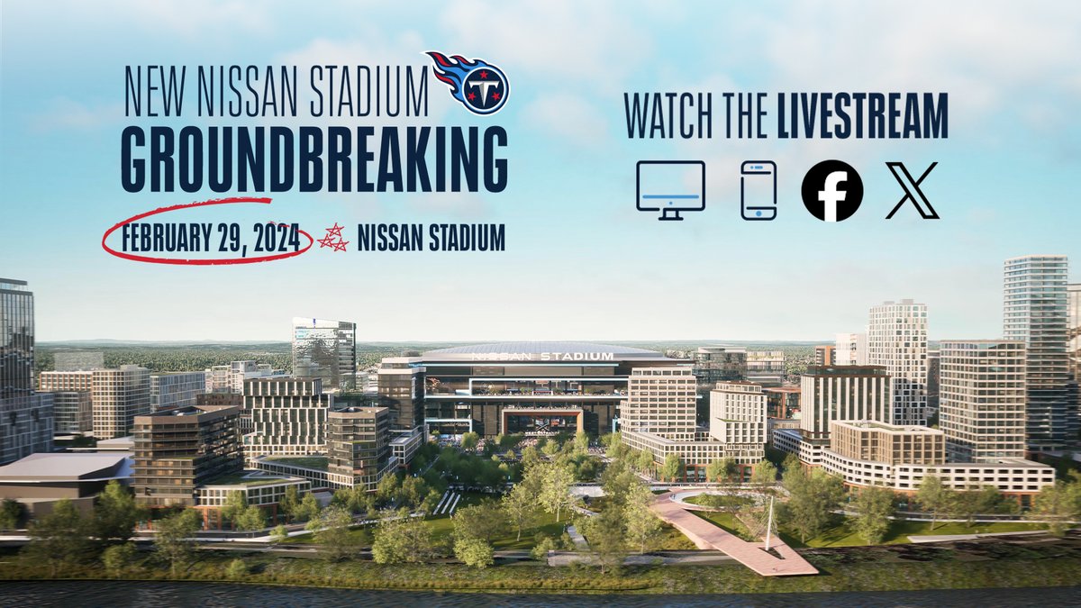 It's New Nissan Stadium Groundbreaking Day!!! Groundbreaking pre-show starts at 1:30 p.m. CT followed by the official groundbreaking ceremony at 2:00 p.m. CT Watch live on Titans App, Website or our Facebook and Twitter/X channels 📲