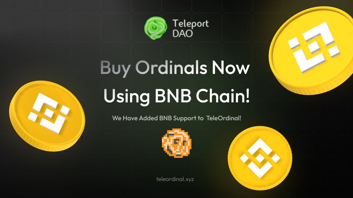 Tele_Swap's tweet photo. Buy Ordinals Now Using @BNBCHAIN!🚀
We have now added @BNBCHAIN support to #TeleOrdinal!
👉https://t.co/XjHgN4LmSM
$BNB https://t.co/pA7GIiEnB3