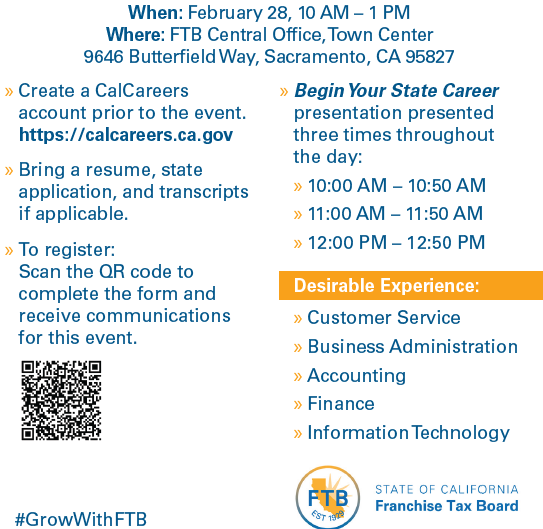 Join the Franchise Tax Board's job expo next week and learn more about careers with the State of California. Get hands-on assistance with applying and interviewing! Register today: bit.ly/49Min2V Register today: bit.ly/49Min2V
