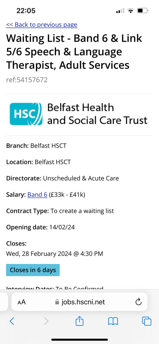 Exciting opportunities in the BHSCT with band 5 and 6 speech and language therapy vacancies. This includes the opportunity to join our fantastic stroke service! Less than 1 week left to apply. @tinadavey17 @kenn48595 @caroleemcl1 @SallyAnneDunca1 @RCSLTNI