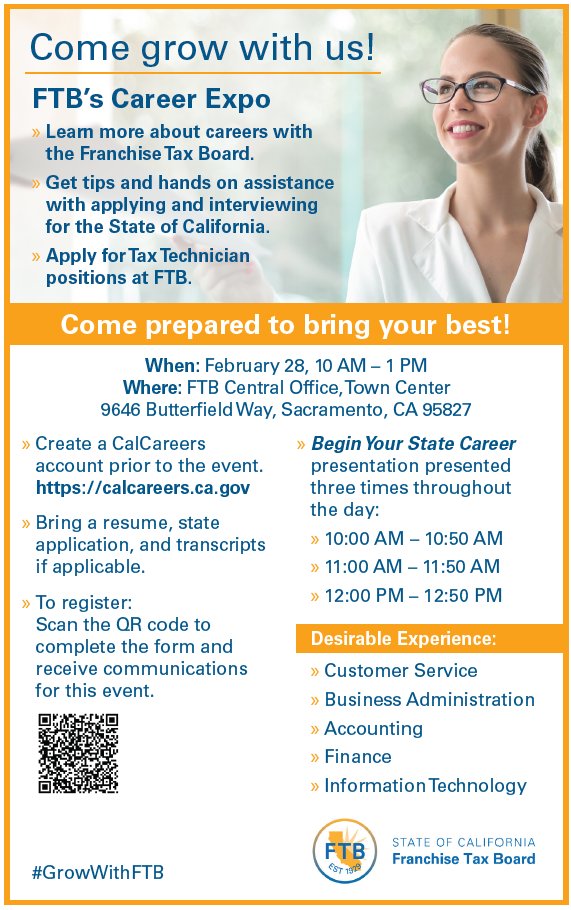 Don't miss the FTB Career Expo on February 28! Join us in-person at FTB to learn about Tax Technician job opportunities, get hands-on application assistance, and discover what it's like to work at FTB. Register here: bit.ly/49Min2V