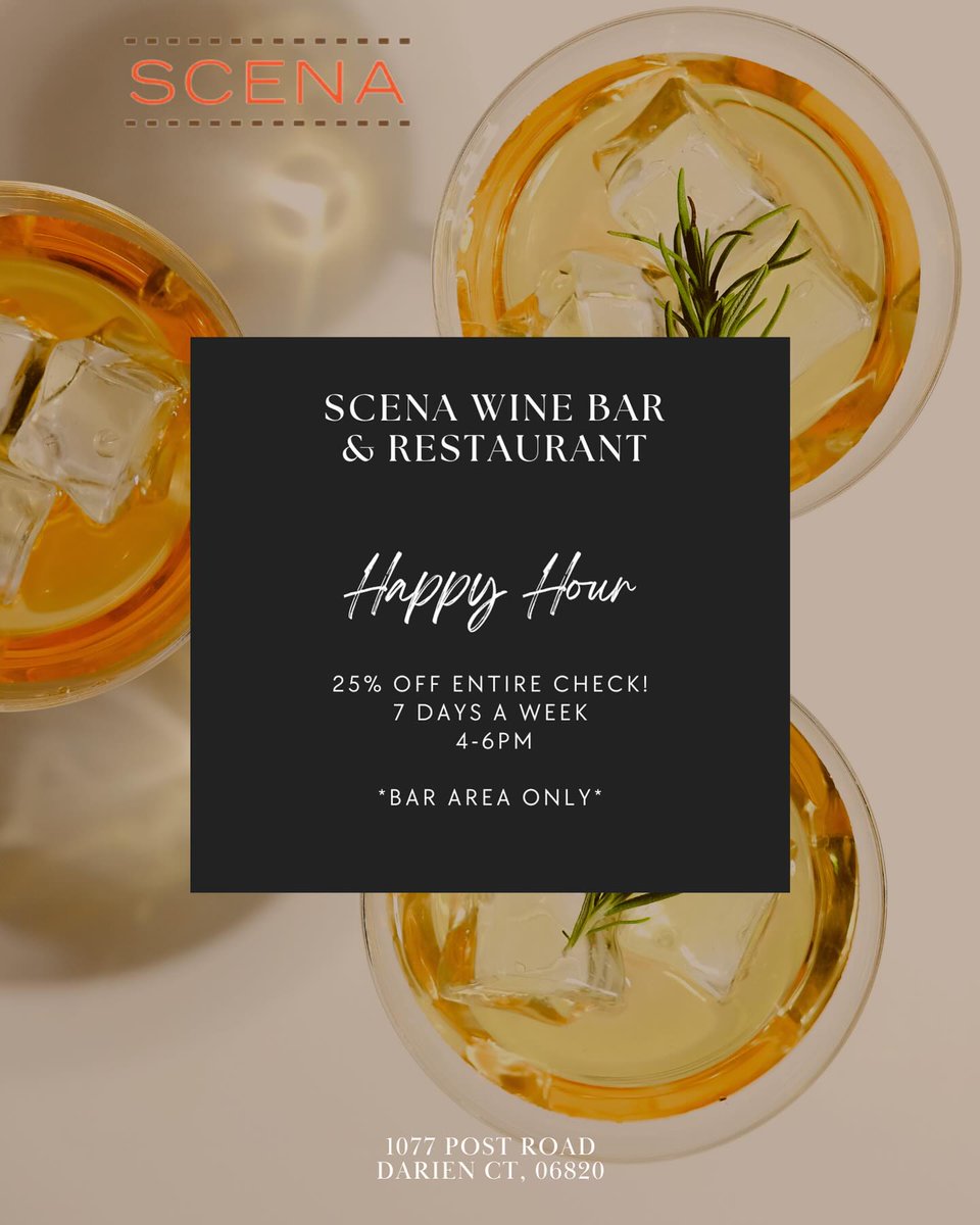 ‼️ EXCITING NEWS ‼️ New happy hour special 7 days a week at Scena Wine Bar & Restaurant. Join them at the bar at 1077 Post Road from 4-6 pm for a 25% discount on the ENTIRE bill! #darien #darienct #livedarien #fairfieldcounty #shoplocal #shopdarien #darienhappyhour