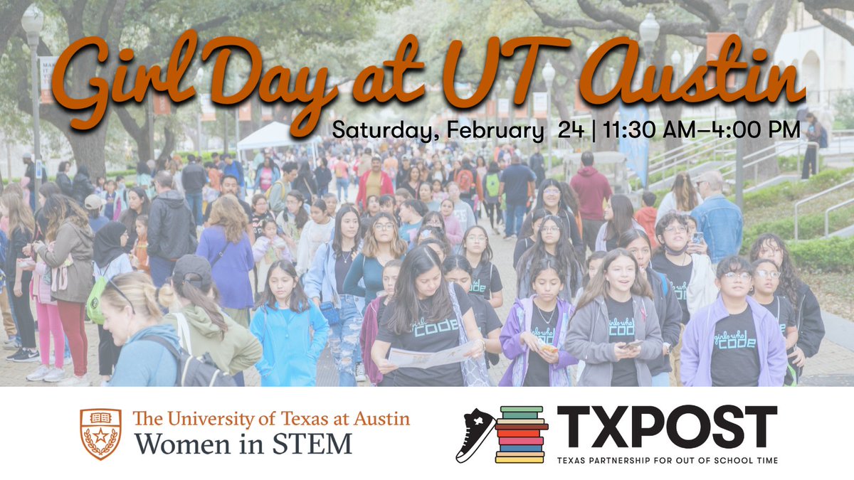 TXPartners4OST's tweet photo. #UTGirlDay with @UTWiSTEM is February 24. K-8th graders can explore #STEM through grade-appropriate, hands-on activities at the University of Texas at Austin. All genders are welcome! Learn more: https://t.co/PTgO5fYks3   

#TXPOST #GirlDay2024 #STEMGirlDay #EngineersWeek https://t.co/WxoeSfKult