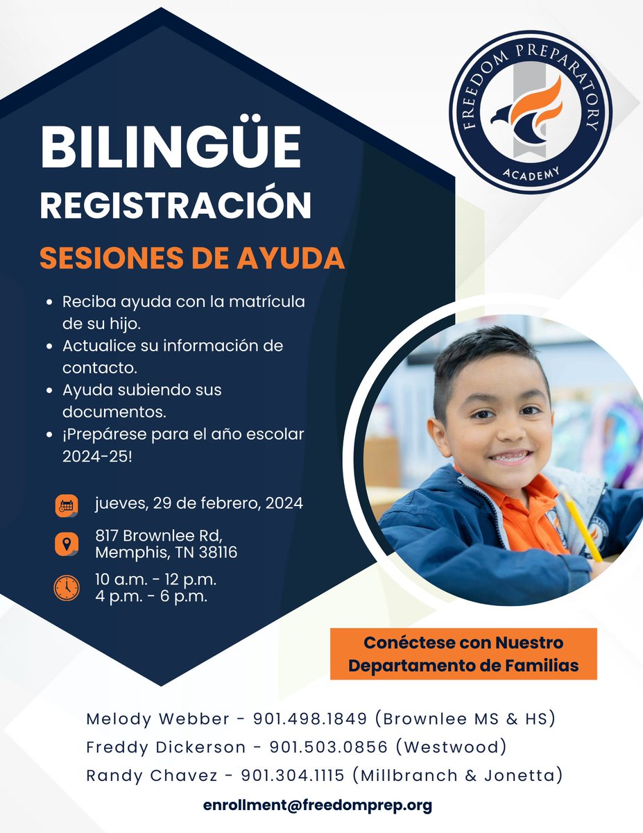 ¿Necesita ayuda con su matrícula? Acompáñenos el 29 de febrero de 10 a.m. - 12 p.m. o de 4 p.m. - 6 p.m. en el campus de Brownlee, 417 Brownlee Rd. Tendremos personal bilingüe disponible para asistir con las matrículas en PowerSchool. ¡Los esperamos!
