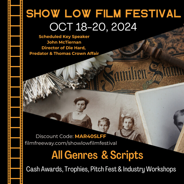 Enter @showlowfilmfest, held in the beautiful and cool White Mountains of Arizona. Industry workshops and great networking, classy awards, and all selected films are shown on 4 screens in a state-of-the-art 8-plex theater. All Genres and a script comp. filmfreeway.com/ShowLowFilmFes…