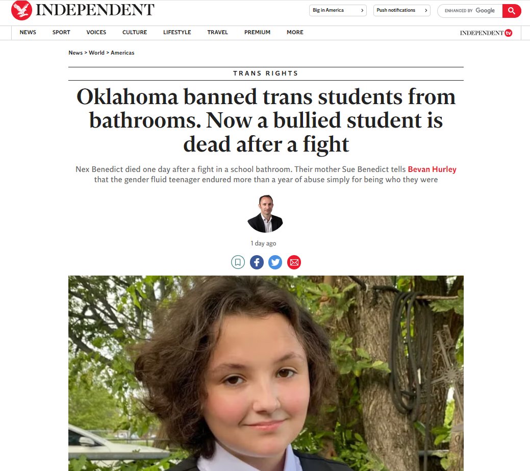 theserfstv's tweet photo. A non binary student in Oklahoma is in the news because they died after being attacked in a washroom. Oklahoma banned trans students from using certain bathrooms. Now the leader of the conservative party wants to bring that here. https://t.co/tAbzM5H4y1