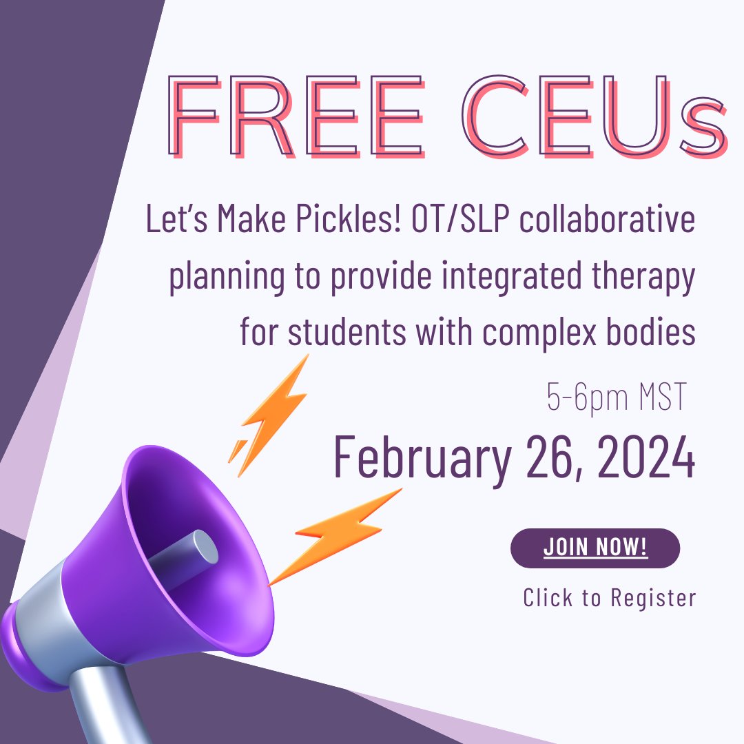 WyoSHA's tweet image. Need FREE CEUs on collaborative practice with OTs for students with complex needs? This opportunity is for you! Register here: ablenetinc.com/lets-make-pick…
#SLP #EBPSLP #FREEContinuingEd