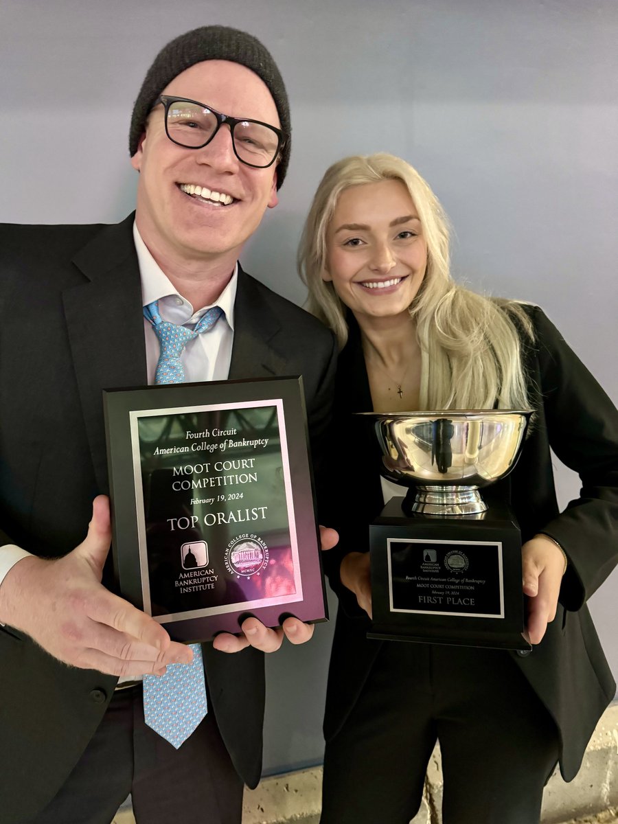 Congratulations to @UMDLaw 3Ls Megan Young and Michael Gaskill on their decisive wins at the #AmericanBankruptcyInstitute and #AmericanCollegeofBankruptcy's Fourth Circuit Duberstein Competition!! On to #NYC!!!