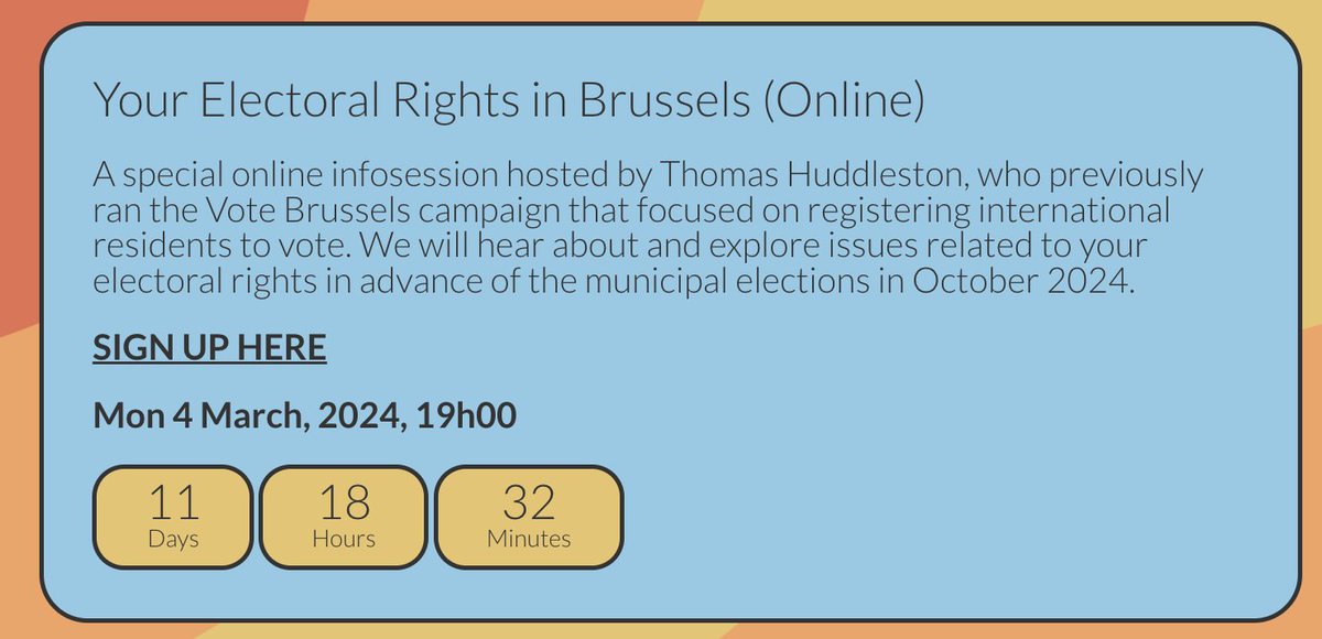 Next #RestlessBrussels is an online session with Thomas Huddleston on your voting rights as an international resident in Brussels 🗳️

👉 Mon 4 March
👉 19h00 - 19h45
👉 Register here: forms.gle/6yjJf6M6N4JoSS…