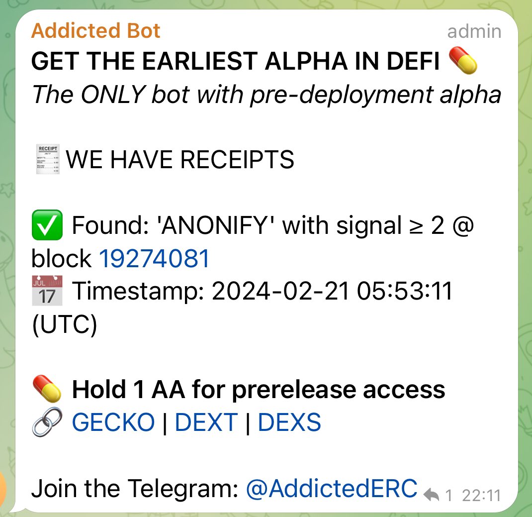 Crypto_Sisters's tweet photo. Congratulations $AA fam. 
Thats over 250x on #Anonify. 

Once again Addicted bot had it first 💊

Get the earliest alpha in DeFi
https://t.co/70lKpi6dC4 https://t.co/MhETNZ43nH