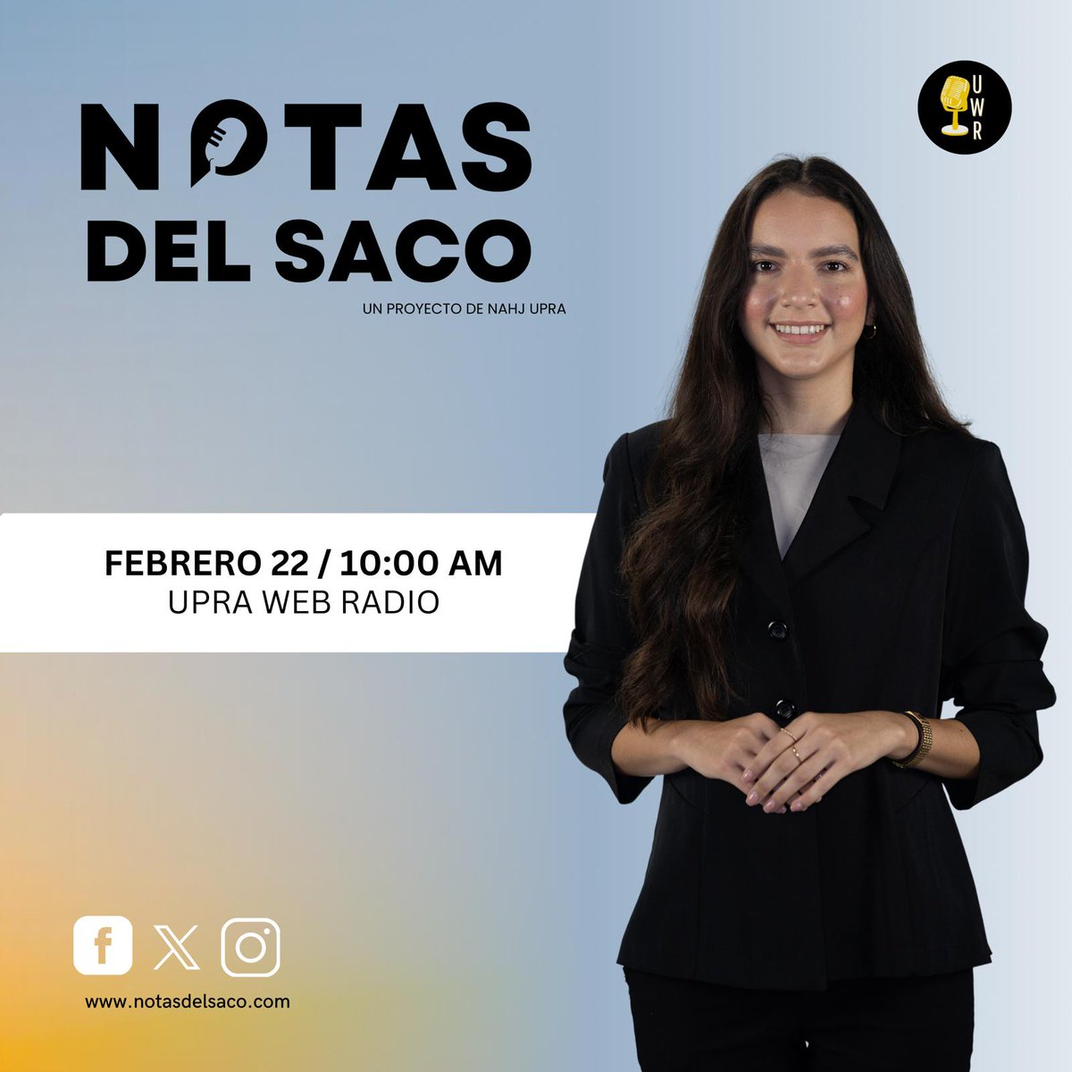 Sintoniza mañana jueves, 22 de febrero a las 10:00AM a Notas del saco a través de nuestras plataformas. 

¡No olvides sintonizar!🎙🗞

#UWR #COMUUPRA #COMU #ORGULLOUPR #PODCAST #NotasDelSaco