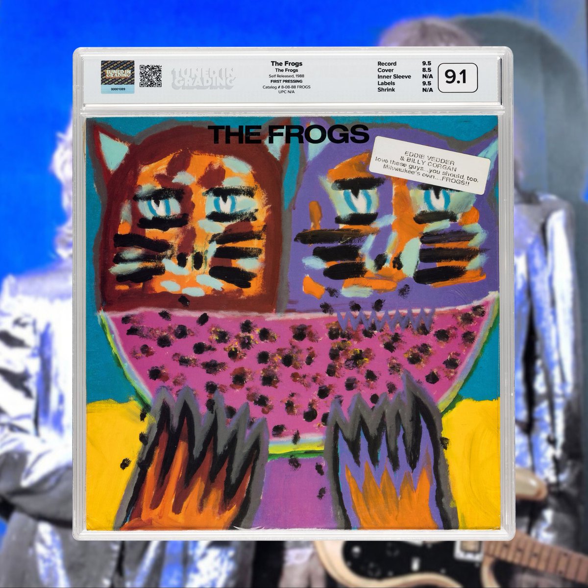 TunedInGrading's tweet photo. And so you're the king, are we supposed to bow? 🙇

FIRST PRESSING of #TheFrogs’ self-released, self-titled album with hype sticker mentioning @eddievedder and @Billy. Graded 9.1 overall.

SOLD and imaged by @HeritageAuction. https://t.co/xTtqVIczrg
