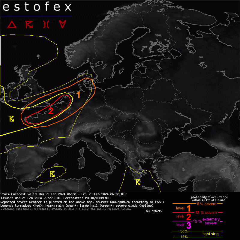 Lvl 2 has been issued for damaging wind gusts and tornadoes across NW France and BENELUX. Read more at estofex.org Please also note that ESTOFEX covers the contribution of convective storms to severe weather.