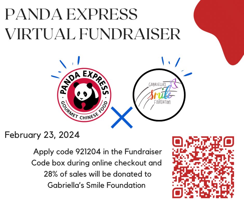 ✔️ Mark your calendar- Place your order for pickup or delivery on Friday, February 23 and 28% of sales will be donated to Gabriella’s Smile.
✔️ Online orders only
Apply code 921204 in the Fundraiser Code box during online checkout at order.pandaexpress.com or via their App