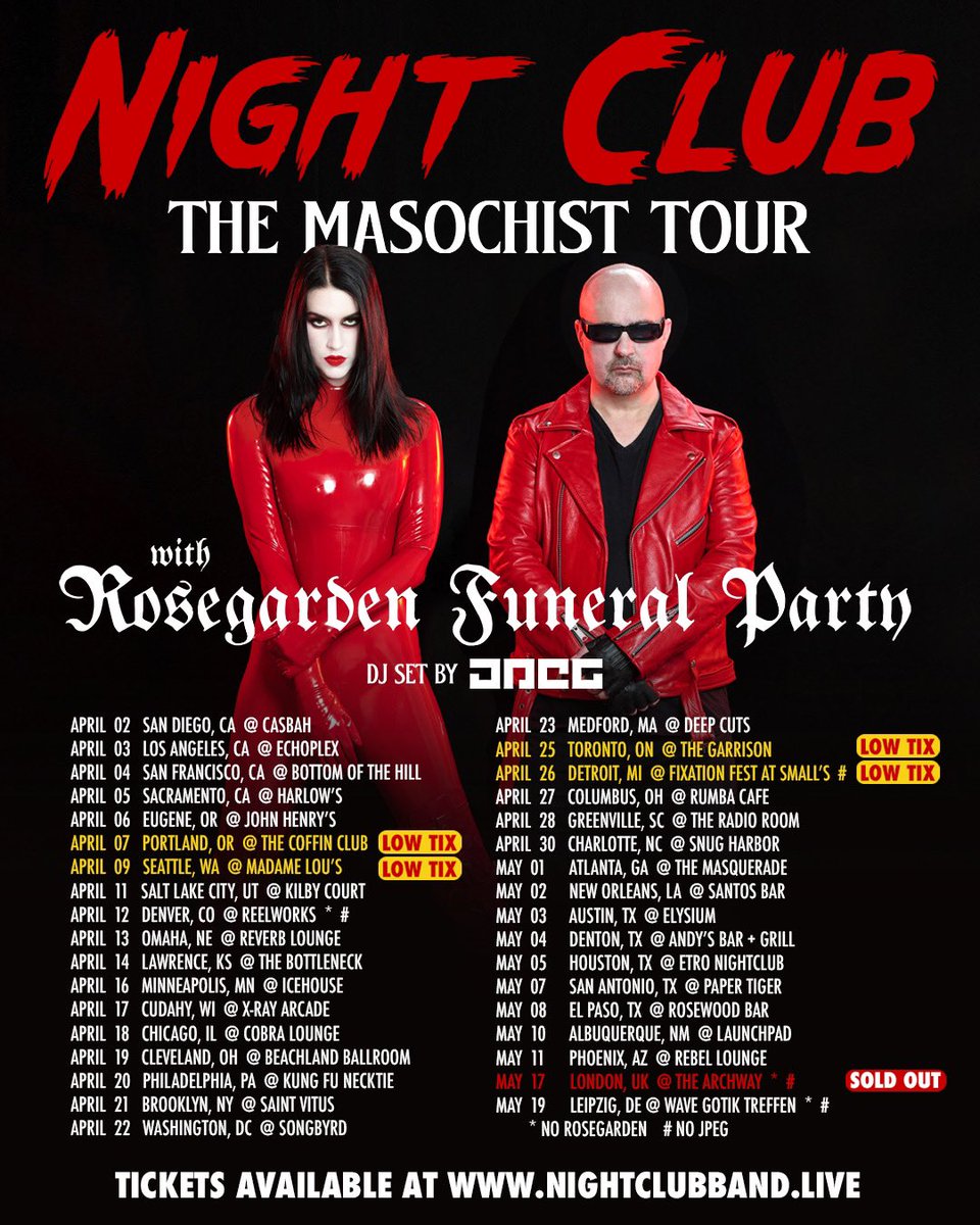 nightclubband's tweet photo. A few updates:
Tickets are running low in some cities. Grab yours soon. 

You guys sold out London in a week. A record for us. We love you. 

Germany, see you in May for our Wave-Gotik-Treffen debut. https://t.co/YzTp0WBIO7