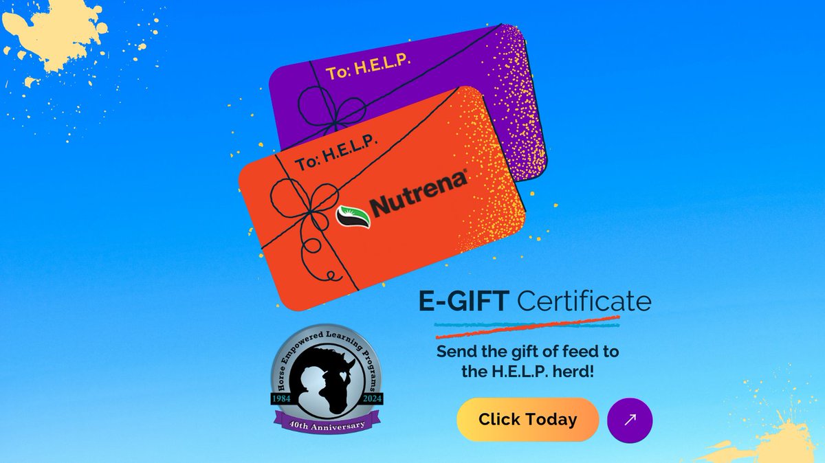 Did you know?!!  You can send feed gift certificates to the H.E.L.P. herd directly from Nutrena!

- Click the link below 
- Select amount
- Send to Director@HelpCenterofAustin.org
Feel good about HELPing

tinyurl.com/yakkemuh

#therapeuticriding #volunteer