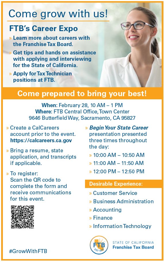 Mark your calendar! Join us on February 28 at FTB for an in-person FTB Career Expo. Learn more about the Tax Technician job opportunities, what it’s like to work at FTB, and receive hands on assistance with your application. Register here: bit.ly/49Min2V