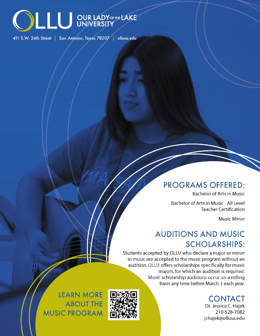htxcb's tweet image. Our Lady of the Lake University (OLLU) welcomes the Heart of Texas Concert Band on March 3 for the Potpourri Concert!  OLLU prepares students for careers in music. Scholarships Available! Set up your audition by March 1.
Contact Dr. Jessica Hajek ollusa.edu/cas/programs/m…