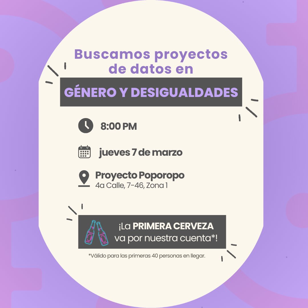 DialogosGuate's tweet image. Se viene el #OpenDataDay y para celebrarlo les traemos un #DatosYTarros este 7 de marzo 🍻.  Queremos reconocer proyectos basados en #datos con perspectiva de género que nos hagan reflexionar sobre las desigualdades que afectan a mujeres y niñas 🌐📆.

Inscribe aquí tu proyecto y…