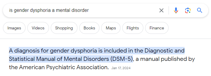 DEAFguy08's tweet photo. @magiremmie @piratestcg @_Playrax_ You know you can just google these things right? Gender Dysphoria is a mental disorder, as classified by the American Psychiatric Association. https://t.co/4oy4EgL397