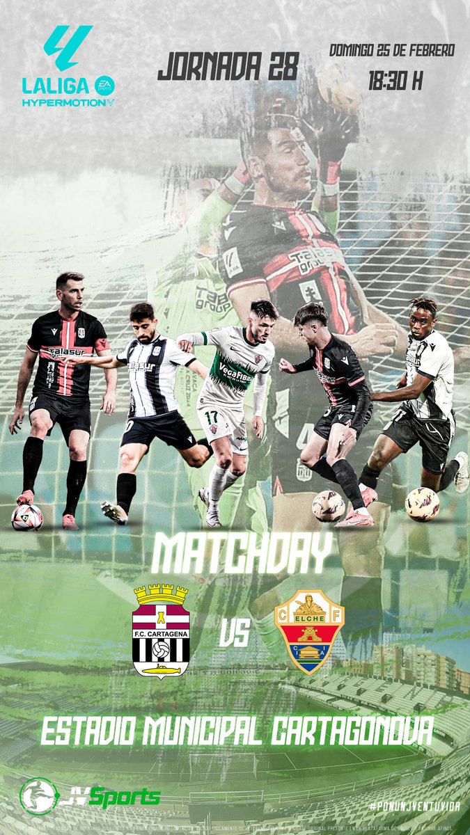 jv_sports's tweet photo. 🇪🇸 𝑳𝒂𝑳𝒊𝒈𝒂 𝑯𝒚𝒑𝒆𝒓𝑴𝒐𝒕𝒊𝒐𝒏 |  Jornada 28
⚪⚫ [@FCCartagena_efs vs @elchecf] ⚪️🟢

⚪⚫ @FCCartagena_efs: #Jairo |  @ArnauOrtiz1  | @Alcala__ - | #Cellou
⚪️🟢 #ElcheCF | @JosanFerrandez7

⏰ 18:30h. 
🏟️ Estadio Cartagonova
#JVSports #PonUnJVenTuVida #WeAreWinners https://t.co/5JMPlTquDS