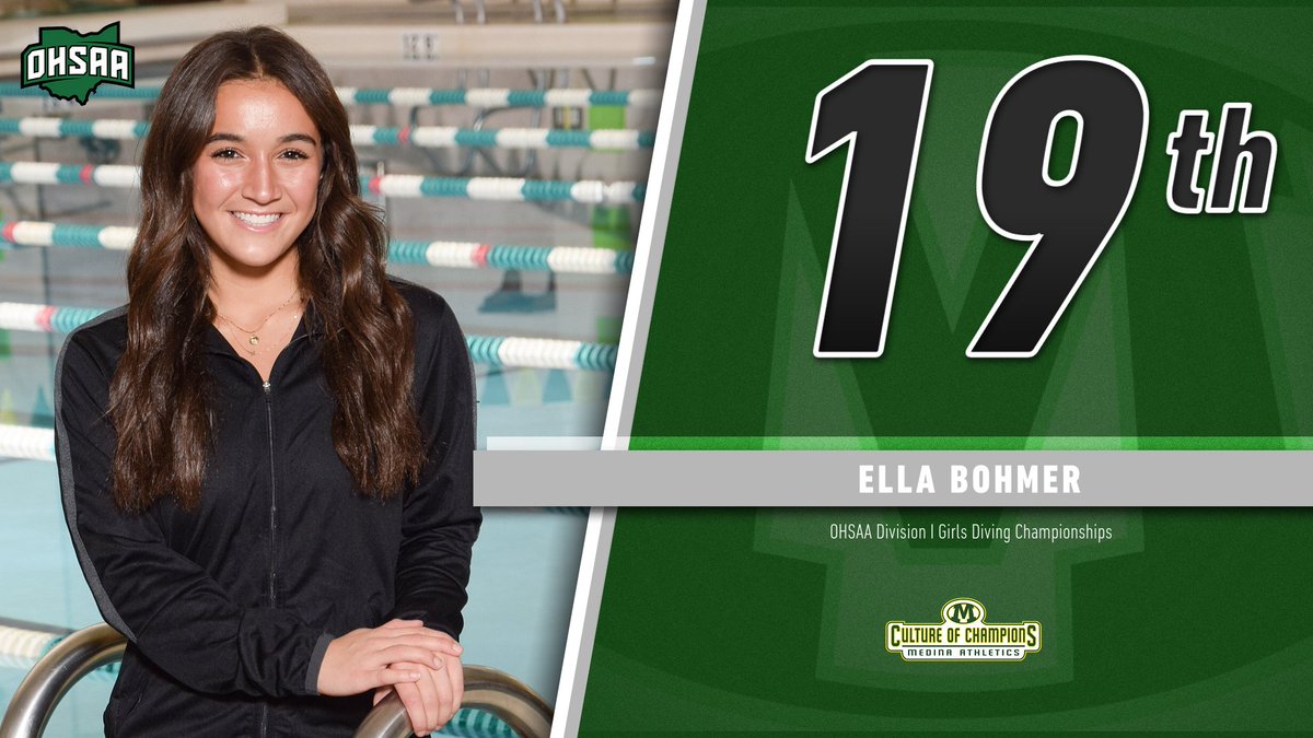 Congratulations to Ella Bohmer on earning 19th Place at the OHSAA Division I Girls Diving Championships in Canton! Looking forward to seeing you back here next year!!  #podium <a href="/BeesSwimming/">Medina Bees Swimming and Diving</a> <a href="/MCScomm1/">MCS Communications</a> <a href="/MedinaBoosters/">MedinaBoosters</a> <a href="/MedinaGazette/">The Gazette</a> <a href="/Ohio_GCC/">Greater Cleveland Conference</a> <a href="/OHSAASports/">OHSAA Sports</a>