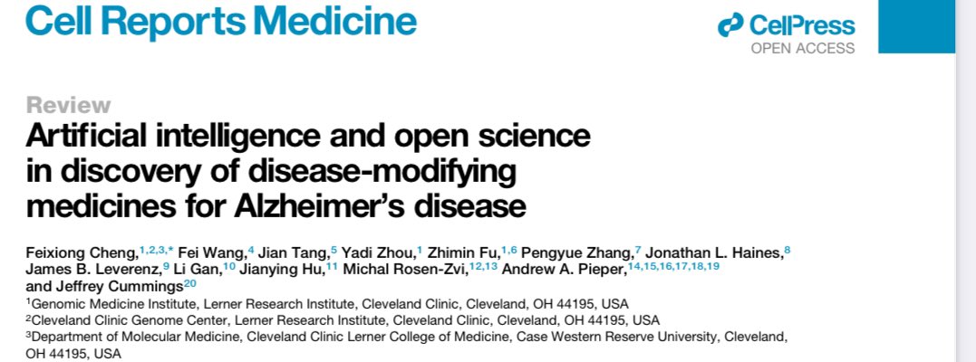 Feixiong Cheng (@feixiongcheng) on Twitter photo We summarized how we may leverage AI and open science approaches to identify disease-modifying drugs and precision medicine for Alzheimer’s disease from <a href="/NIHAging/">The National Institute on Aging (NIA)</a> thanks <a href="/DrJeffCummings/">Jeffrey Cummings</a> <a href="/feiwang03/">Fei Wang</a> and many others <a href="/CCLRI/">Cleveland Clinic Lerner Research Institute</a> cell.com/action/showPdf… We summarized how we may leverage AI and open science approaches to identify disease-modifying drugs and precision medicine for Alzheimer’s disease from <a href="/NIHAging/">The National Institute on Aging (NIA)</a> thanks <a href="/DrJeffCummings/">Jeffrey Cummings</a> <a href="/feiwang03/">Fei Wang</a> and many others <a href="/CCLRI/">Cleveland Clinic Lerner Research Institute</a> cell.com/action/showPdf…