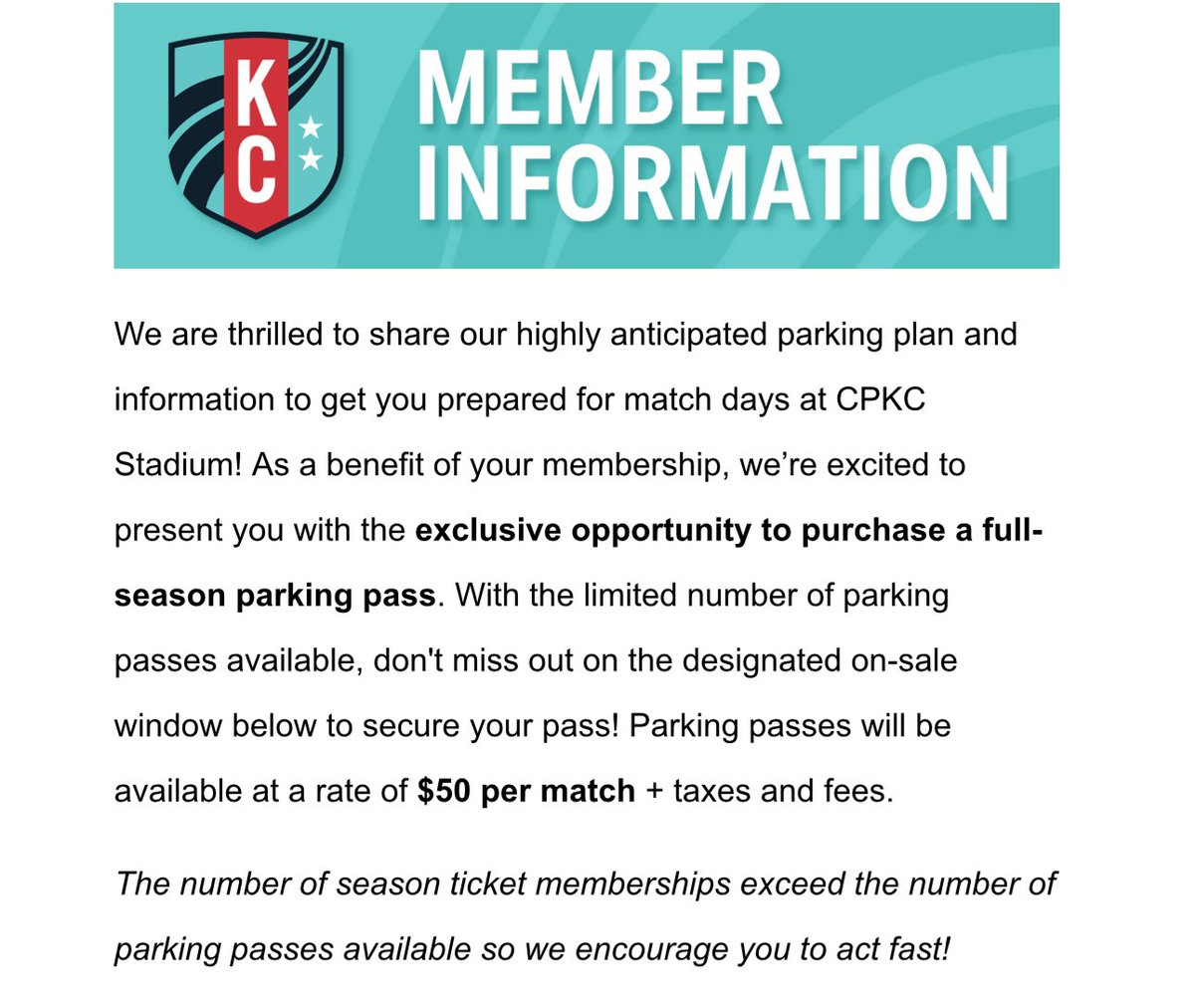 MarkPoulose's tweet photo. KANSAS CITY: 

The KC Current just announced single-game parking will be $50 + taxes &amp; fees per match.

That price gets you a general admission spot to one of the highlighted lots.

Thoughts? 

@KCTV5 #KCCurrent #KCBaby https://t.co/Y9WTWYBykK