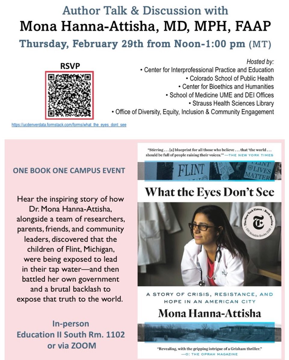 Join Dr. Mona Hanna Attisha at this One Book One Campus event at Ed II South Room 1102 or via Zoom. Hear the inspiring story behind her best-selling book, What the Eyes Don't See: A Story of Crisis, Resistance, and Hope in an American City. RSVP here: bit.ly/what_the_eyes_…