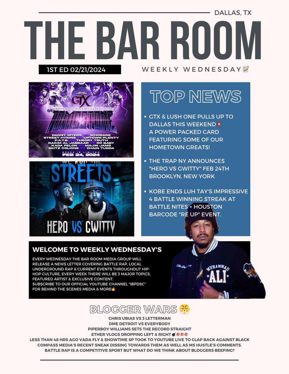 TheBarRoomGroup's tweet photo. 🚨NOW INTRODUCING 
The #WeeklyWednesday 📝
Our Official Weekly Newsletter

Featuring Local Talent, Current Events, EXCLUSIVE Content &amp; Breaking News.

#TheBarRoom #AllBarsAllDay #DallasOnAir #RapBattle #HipHop #News #Trending #Media #Newsletter #Podcast #HillSide #HipHopLivesHere https://t.co/ddeVm35Uxg