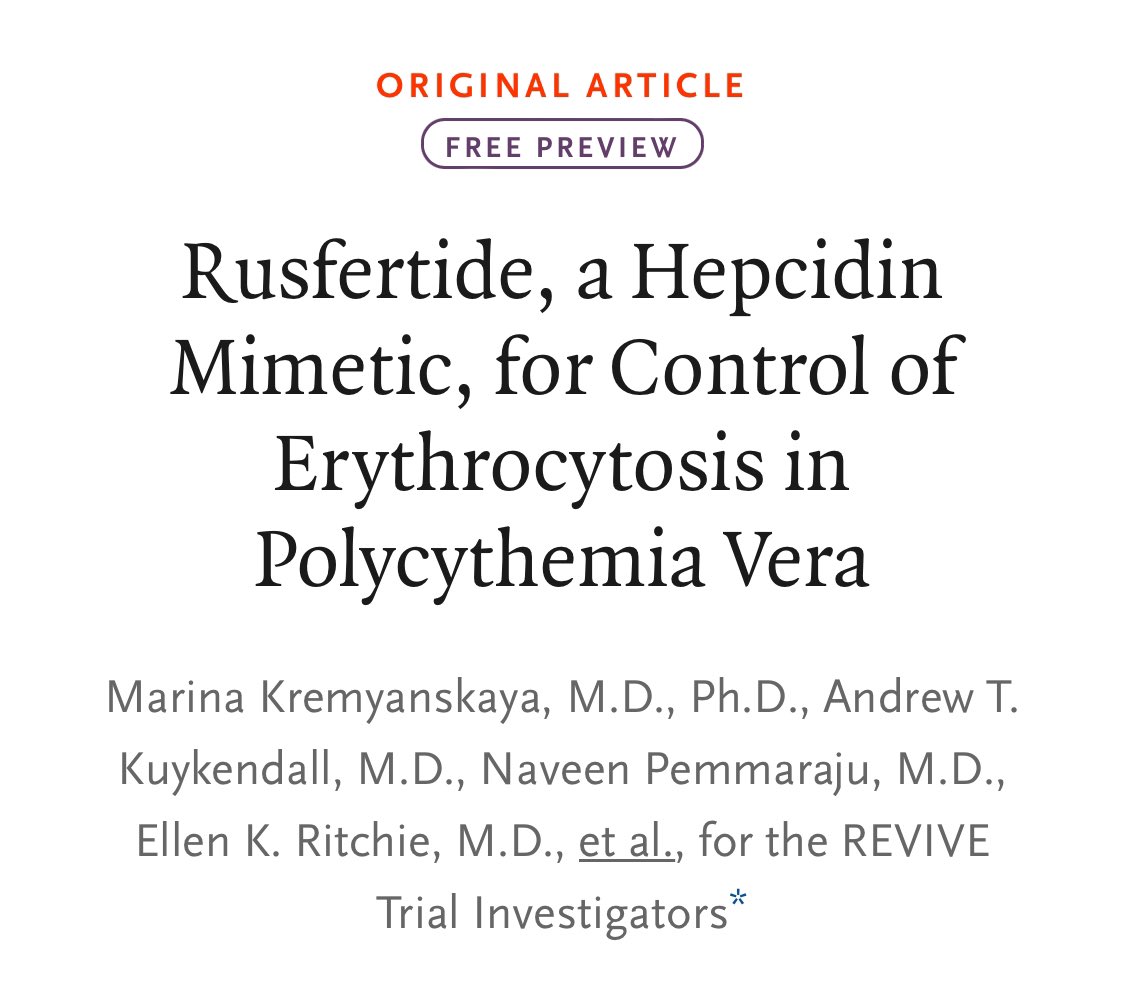 Excited to see this published in @NEJM. Phase 2 results of REVIVE - studying the efficacy of the hepcidin mimetic, rusfertide in phlebotomy dependent patients with PV. #MPNSM. Phase 3 VERIFY study is ongoing. @doctorpemm @AaronGerds @JeannePalmerMD @AYACOUB7 @MoffittNews