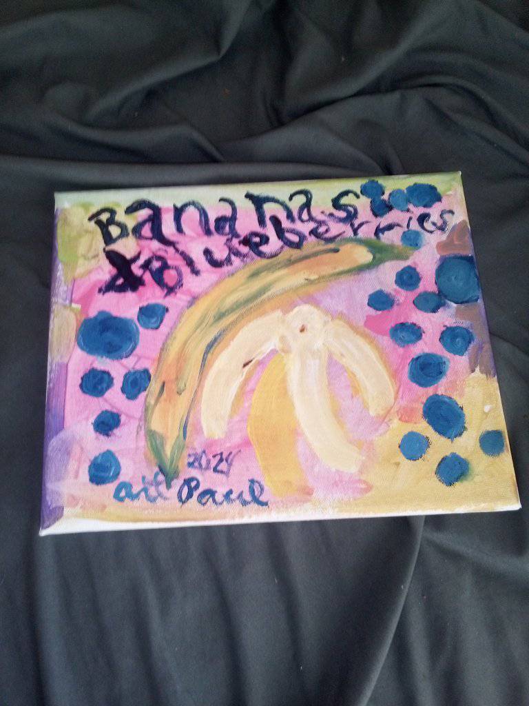 Bananas and Blueberries by Art Paul Art Paul Schlosser Acrylic on Recycled Canvas 10 inches by 8 inches #artpaulschlosser #fypシ゚ #blueberries #bananas #fruitart #fypシ゚viral #foryou #funky #artbyartpaul #fy