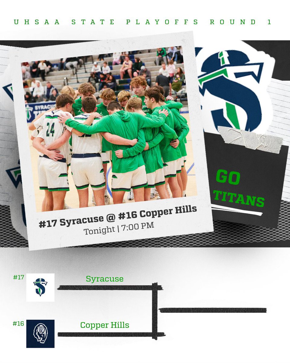 SYRACUSE TITANS BASKETBALL (@cusetitansbball) on Twitter photo 🚨PLAYOFFS ROUND 1🚨
#17 SYRACUSE @ #16 COPPER HILLS
7:00 PM TIP OFF
Live Stream:
kslsports.com/stream/syracus…
<a href="/SHS_Titans/">Syracuse High School</a> <a href="/SHS_Titan_Cheer/">SHS Titan Cheerleaders</a> <a href="/KJCuse/">Kevin Johnson</a> 🚨PLAYOFFS ROUND 1🚨
#17 SYRACUSE @ #16 COPPER HILLS
7:00 PM TIP OFF
Live Stream:
kslsports.com/stream/syracus…
<a href="/SHS_Titans/">Syracuse High School</a> <a href="/SHS_Titan_Cheer/">SHS Titan Cheerleaders</a> <a href="/KJCuse/">Kevin Johnson</a>