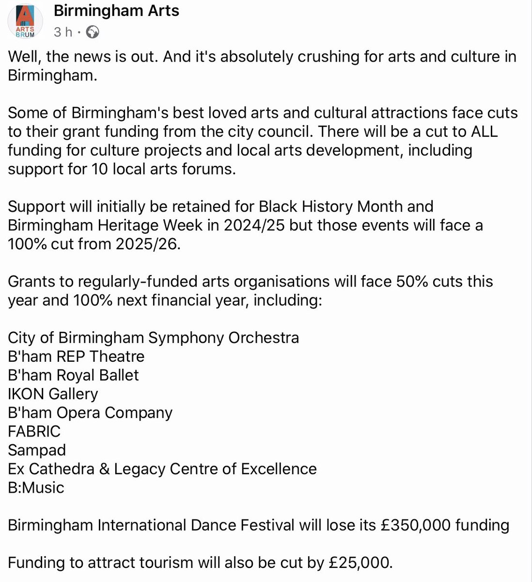 glawhit's tweet photo. Having worked for/with all of these organisations at some point in my career, I've seen the effect their work has on local communities. They enrich people's lives and give hope.

The impact of these cuts will be devastating. A huge loss for the people of Birmingham.
#FundTheArts https://t.co/I3xPiM35xW