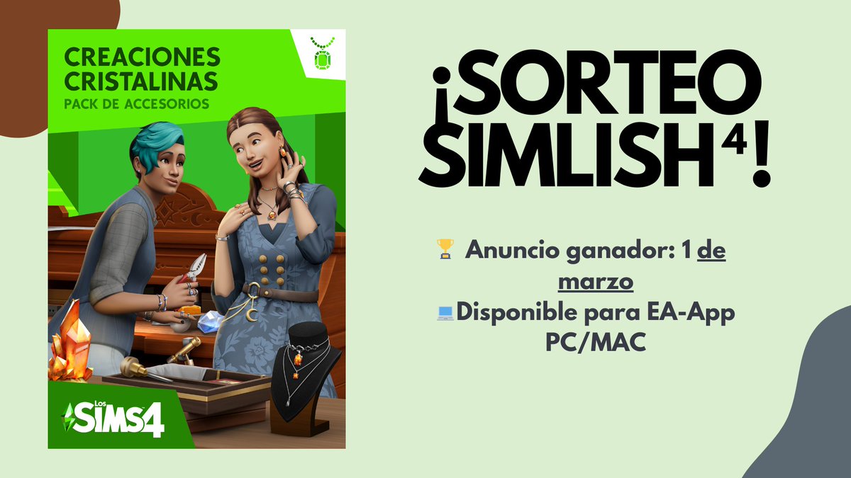 Simlish4's tweet image. 🚨SORTEO🚨⁣  ⁣
⁣  ⁣
#Simlish4 te da la oportunidad de ganar una copia del pack de Accesorios de #LosSims4 #CreacionesCristalinas. Sólo debes hacer lo siguiente:⁣  ⁣
⁣  ⁣
✅Seguirnos en Twitter⁣  ⁣
✅Dar RT a este Tweet⁣  ⁣
⁣  ⁣
Suerte 💎
