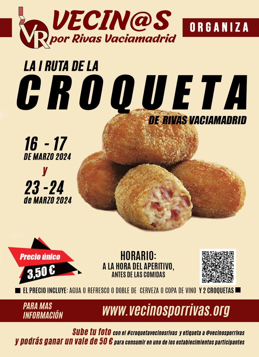 <a href="/CANAL33/">Canal 33 Madrid</a> <a href="/SoydemadridC/">SoydeMadrid_com</a> <a href="/20m/">20minutos.es</a> <a href="/LGNMedios/">LGN Medios</a> <a href="/karguinano/">Karlos Arguiñano</a> <a href="/CroquetasMadrid/">CROQUETAS en Madrid</a> <a href="/telescopiodigit/">telescopio digital</a> <a href="/madrid365_es/">Madrid365.es</a> <a href="/telemadrid/">Telemadrid</a> <a href="/InformativosTM/">Telenoticias Telemadrid</a> <a href="/MadridDirecto/">Madrid Directo</a> Hemos logrado la participación de ¡34! Establecimientos en la I Ruta de la Croqueta de Rivas Vaciamadrid. ¿Nos ayudáis a difundir?