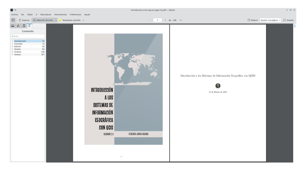 Hola amigos #geoinquietos! Lo prometido es deuda, les traigo la versión 2.0 de mi libro libre "Introducción a los Sistemas de Información Geográfica con QGIS".
Esta versión actualiza los contenidos de la versión anterior a #QGIS 3.34 Prizren.