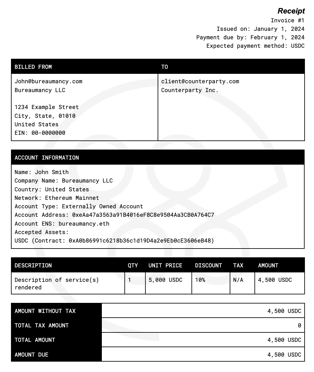 Working on a crypto-native invoice template for independent contractors,  which I plan on publishing as a boilerplate CC document for anyone to  use/fork. Anyone have any feedback on the following?