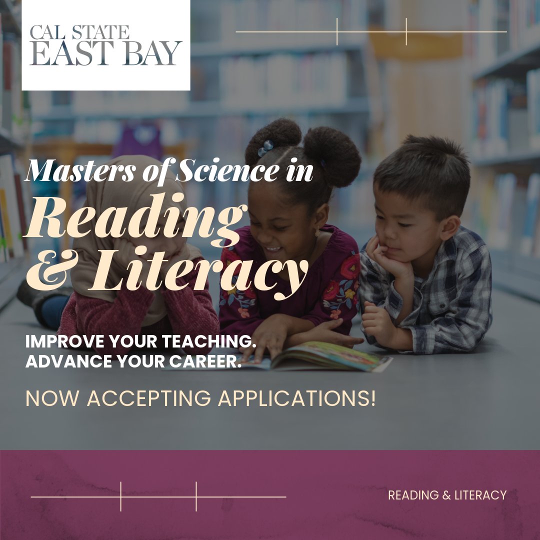 CSUEBContEd's tweet image. Improve your teaching. Advance your career. Now accepting applications for Cal State East Bay’s online MS in Reading and Literacy program. Learn more at: ow.ly/gYBr50QzJGQ