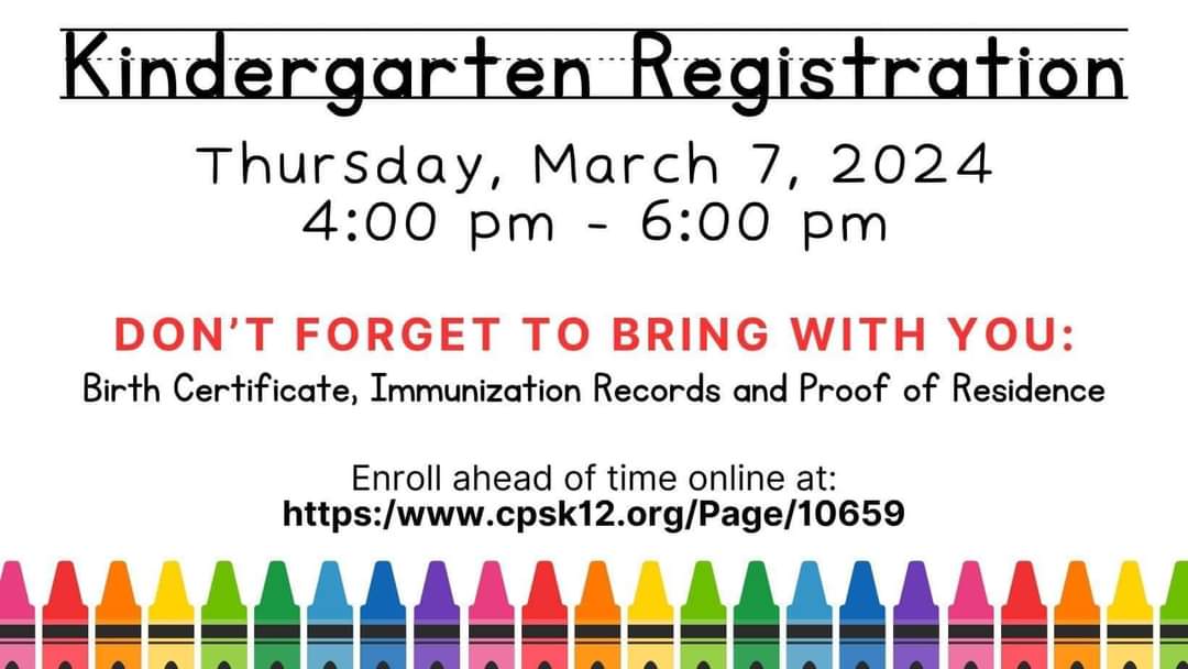Join us for Kindergarten Registration at Rock Bridge Elementary on Thursday, March 7 from 4 pm-6 pm. Students must turn 5 before Aug. 1, 2024 to register for kindergarten. Register online now at cpsk12.org/Page/10659. Call the RBE office at (573) 214-3290 if you have questions.