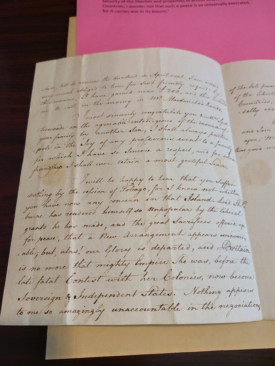 Today we have an #AmericanRevolution class coming in to see our amazing primary resources! This letter bemoans the fall of the #BritishEmpire after the 'late fatal Contest with her Colonies now become sovereign and independent' @SFSU #archives #libraries #specialcollections