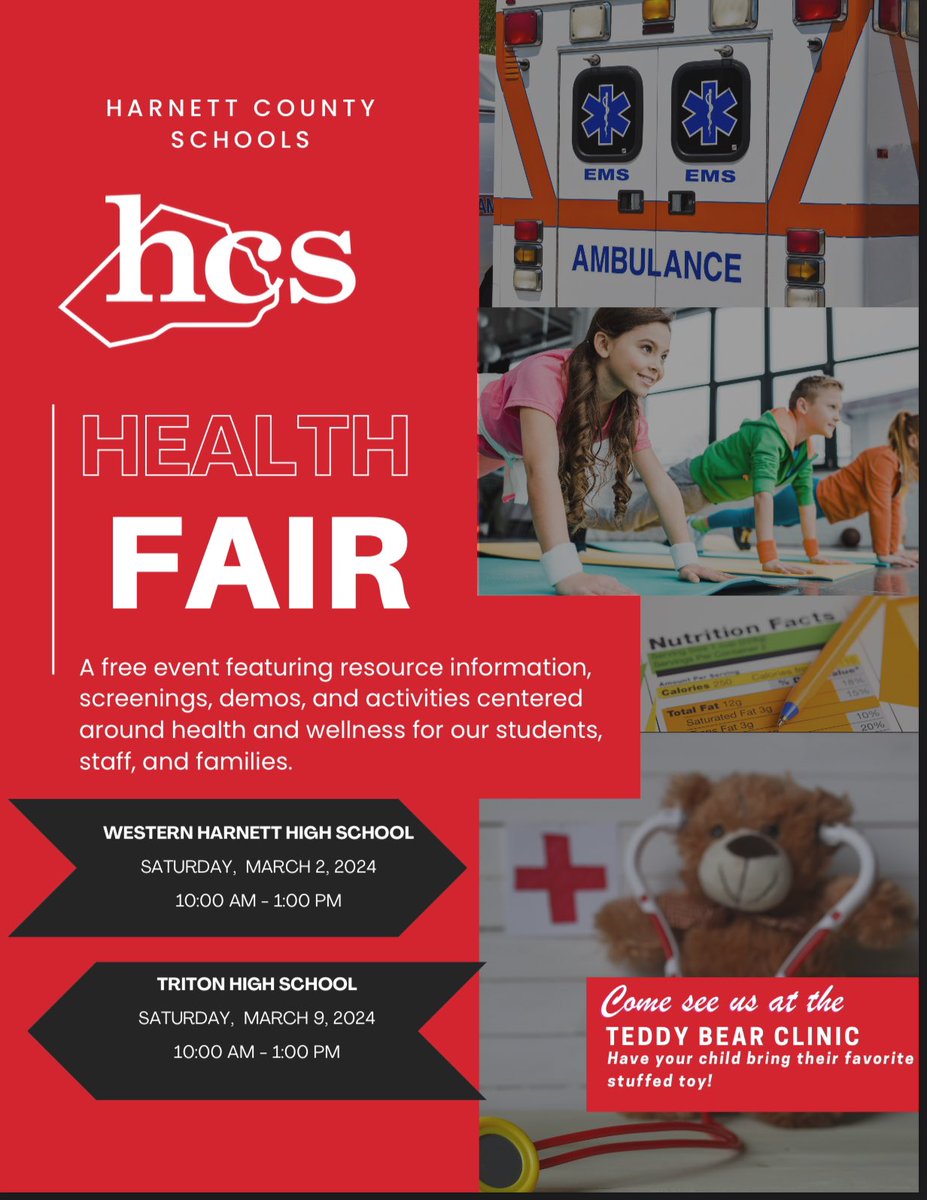 Join us for the HCS Health Fair! This is a free event featuring resource information, screenings, demos, and activities centered around health and wellness for our students, staff, and families. #WeAreHarnett #InspiringLearnersToBeLeaders #SuccessWithHCS