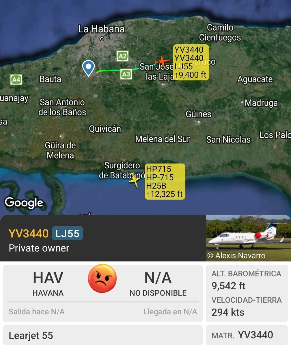 Arr3ch0's tweet photo. #YV3440 que tenía 3 días en Cuba y #HP715, el preferido de Malpica Flores que llegó  ayer, saliendo de La Habana, Cuba en este instante. Recordemos que el jet que usan Maduro y La Fea, #T7ESPRT  llegó temprano a la isla. https://t.co/wnqL6XOeSl