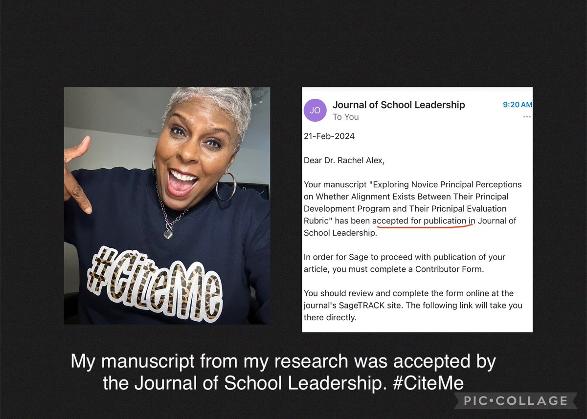 My manuscript from my research was accepted to the Journal of School Leadership! I am beyond excited and thankful🙏🏽 #CiteMe #published #LeadershipMatters #LeadershipDevelopment