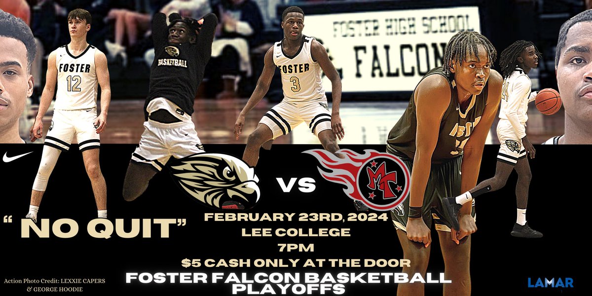 Foster Boys Hoops (@fosterhsbball) on Twitter photo 🚨 Playoffs Round Two🚨
🗓 Friday, February 23rd, 2024
⏰ 7:00PM
🏟Lee College
🎟 $5 Cash At The Door 💵
📍 550 Lee Dr., Baytown, TX 77520
🏀Foster HS 🆚 Port Arthur Memorial HS
<a href="/lcisdathletics/">LCISD ATHLETIC DEPT.</a> <a href="/AthleticsFoster/">Foster Athletics</a> <a href="/FHSABC_TX/">FHSABC</a> <a href="/FosterHSNews/">Foster High School</a> <a href="/fosterhselite/">Foster E.L.I.T.E.</a> @FBHeraldNick <a href="/hoopinsider/">Hoopinsider</a> 🚨 Playoffs Round Two🚨
🗓 Friday, February 23rd, 2024
⏰ 7:00PM
🏟Lee College
🎟 $5 Cash At The Door 💵
📍 550 Lee Dr., Baytown, TX 77520
🏀Foster HS 🆚 Port Arthur Memorial HS
<a href="/lcisdathletics/">LCISD ATHLETIC DEPT.</a> <a href="/AthleticsFoster/">Foster Athletics</a> <a href="/FHSABC_TX/">FHSABC</a> <a href="/FosterHSNews/">Foster High School</a> <a href="/fosterhselite/">Foster E.L.I.T.E.</a> @FBHeraldNick <a href="/hoopinsider/">Hoopinsider</a>