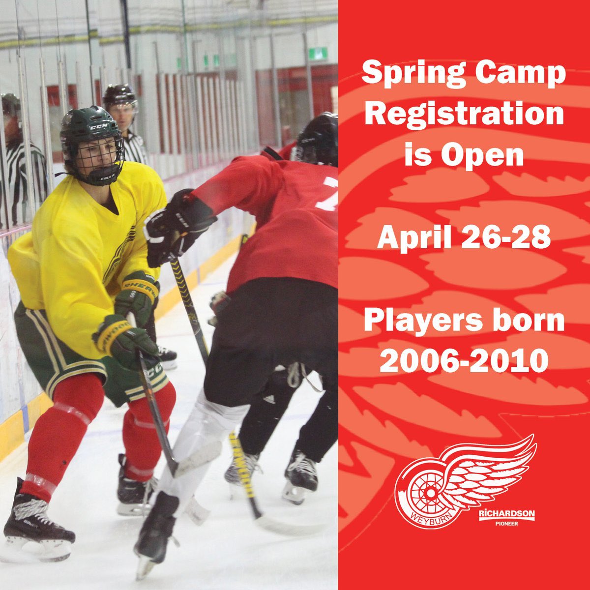 GET NOTICED! 🚨

Our spring ID camp from April 26-28!

•2006-10 born players
•4 games
•Sessions with <a href="/CompetitiveWill/">Kyle McDonald</a> and Edge to Edge Hockey
•Mental Health Talk 
•Top 40 game on Apr 28

Click to find the registration form!

weyburnredwings.ca/spring-camp-20…

#WeyburnRedWings #SJHL