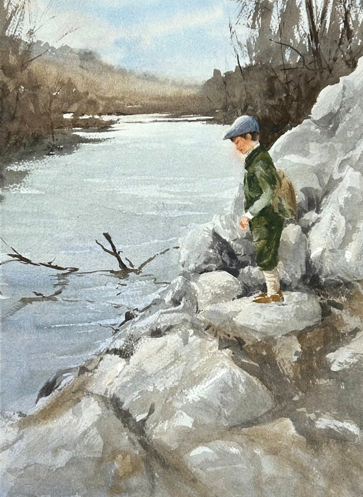 Looking for a rock to skip. Painted on Saunders Waterford 140lb Cold Press Paper #watercolor #stcmill @StCuthbertsMill