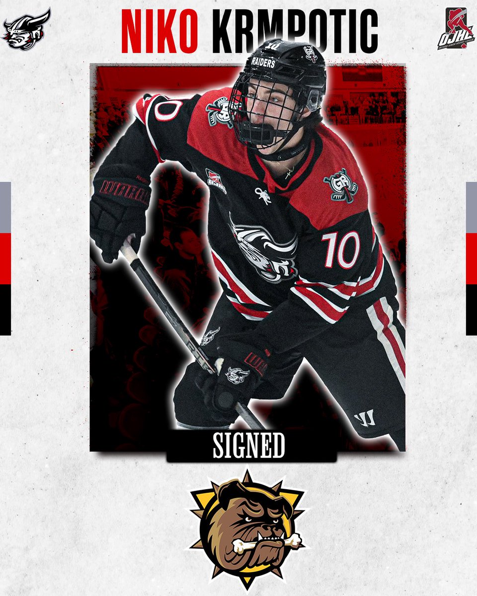 OJHLRaiders's tweet photo. KRMPOTIC SIGNS WITH BULLDOGS🚨

Congratulations to Raiders defenceman Niko Krmpotic who has signed with the @BulldogsOHL! 👏

Congrats, Niko! Raider Nation is proud of you! 🫡

#ThisIsOurTown https://t.co/SFiY4sVQci