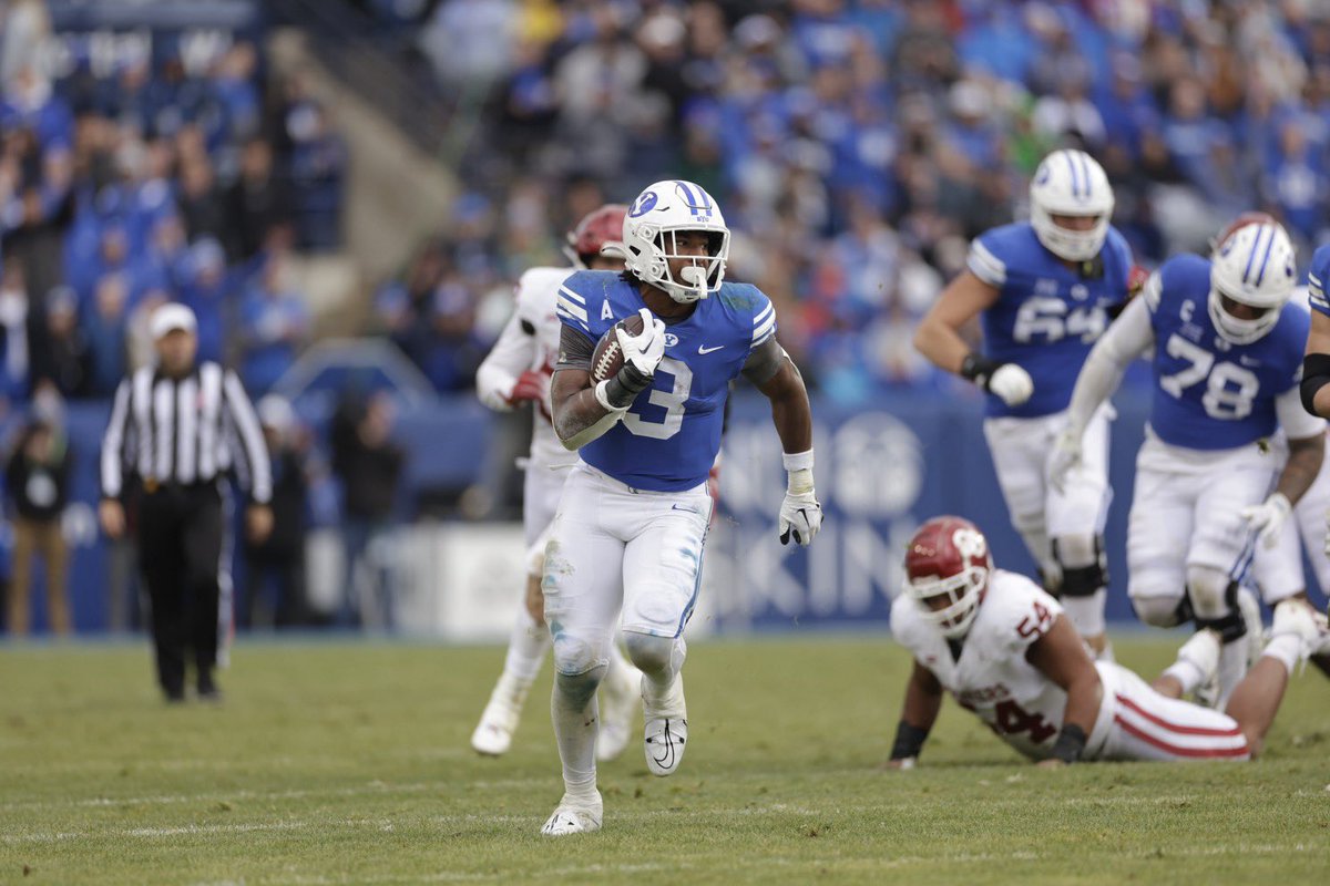 MLFootball's tweet photo. NEWS: BYU standout running back Aidan Robbins met with the #Bears, #Packers, #Colts, #Bills, #Chiefs, #Steelers, #Jaguars (2x), #Raiders, #Saints, #49ers, #Browns, #Jets, and #Dolphins, league sources tell @_MLFootball. 

@theaidanrobbins is 6’3, 240 pounds and one scout described him as “RB draft diamond.”

Robbins was the 2022 MW Newcomer of the year after a 1,000 yard season & 2023 preseason Phil Steele 1st team Big-12.